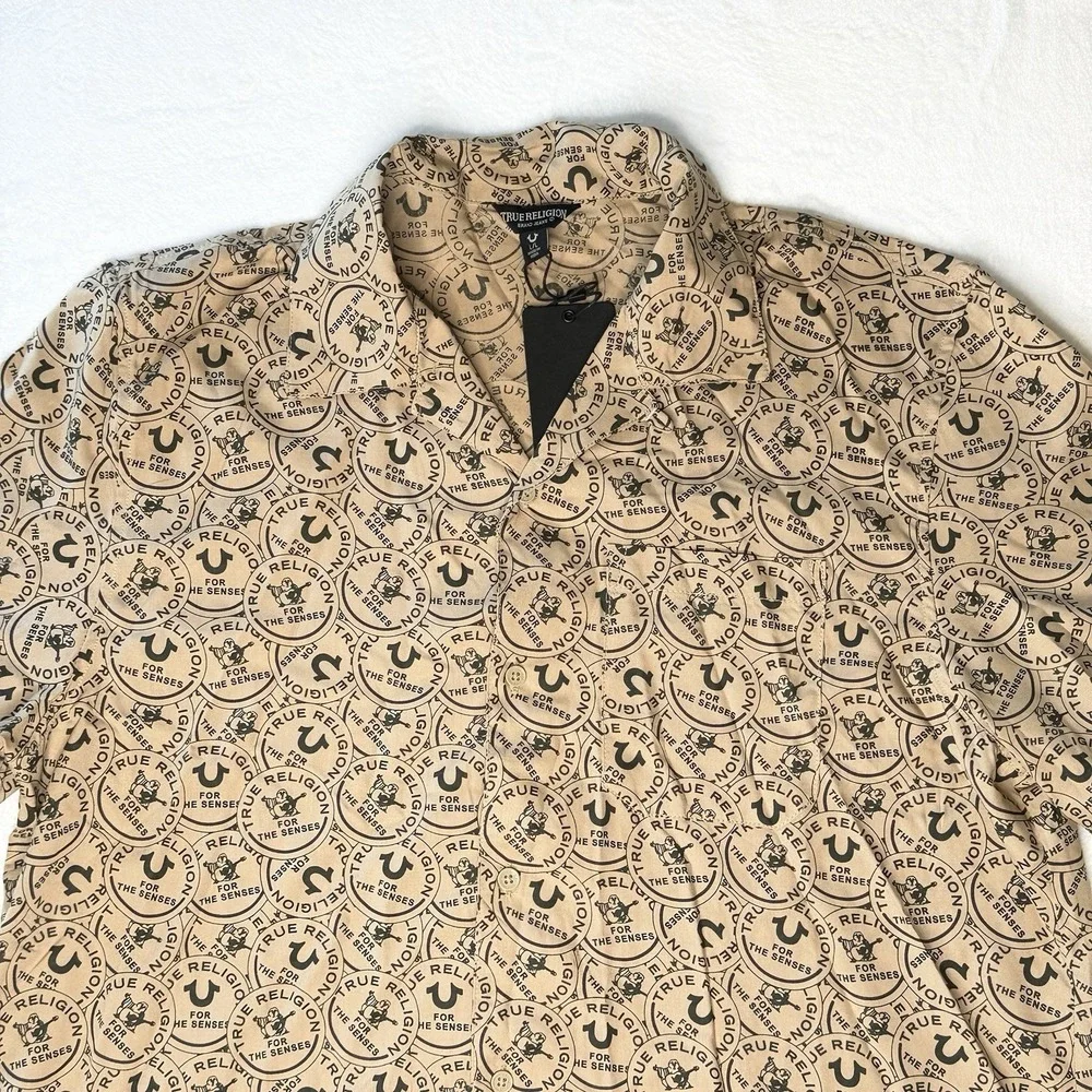 True Religion Logo Print Resort Shirt AOP All Over Y2K Streetwear Tan NWT Large